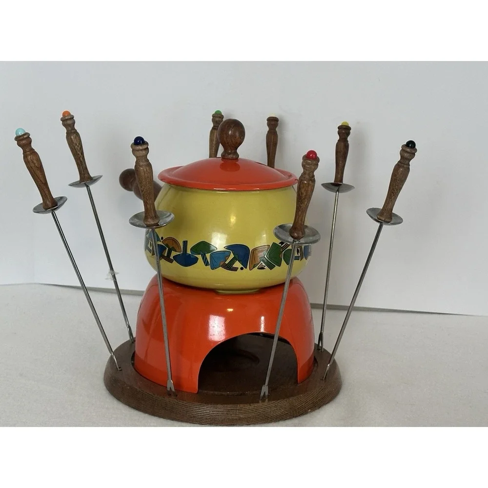 Vtg Fondue Set Wood Stand Forks Enamel Pot Mushroom Mid Century MCM‎ Kitchen